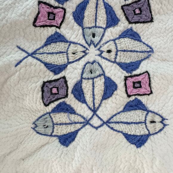 Vintage Cross Stitch Embroidered Fish Pillow Case Square 15X15" Handmade Beach - Picture 2 of 8